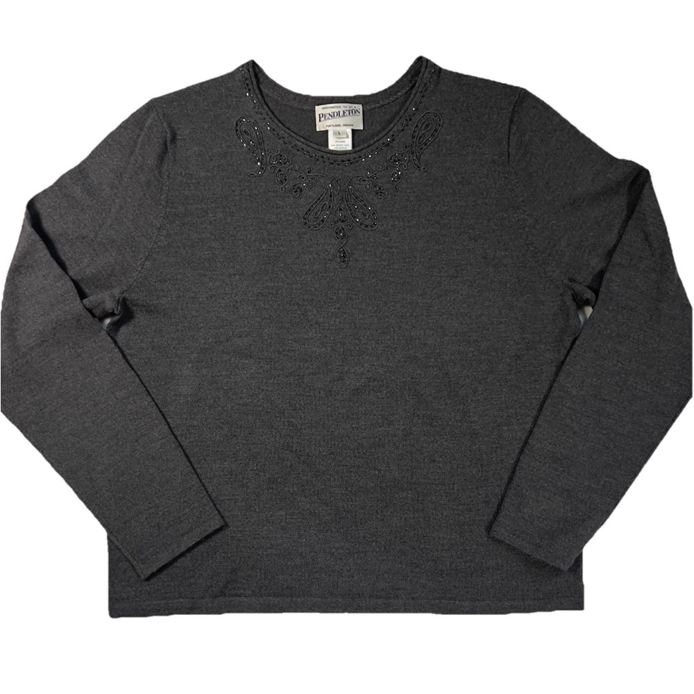 Pendleton 100% Merino Wool Beaded Sweater Women’s Large Charcoal Gray Embroidery